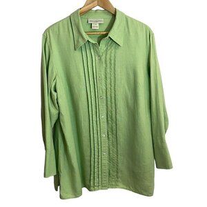 Susan Bristol 100% Linen Button Up Shirt Womens 12 L Green Blouse Mature EUC